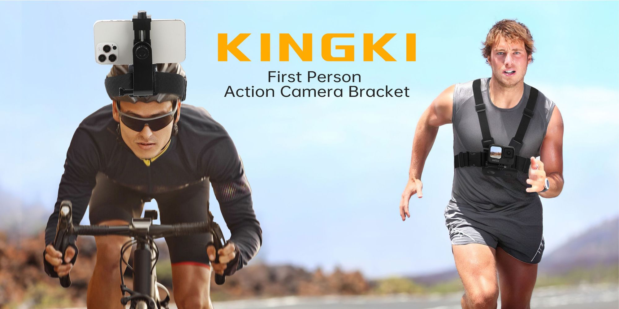 Cyclist and runner wearing KINGKI first-person phone mounts